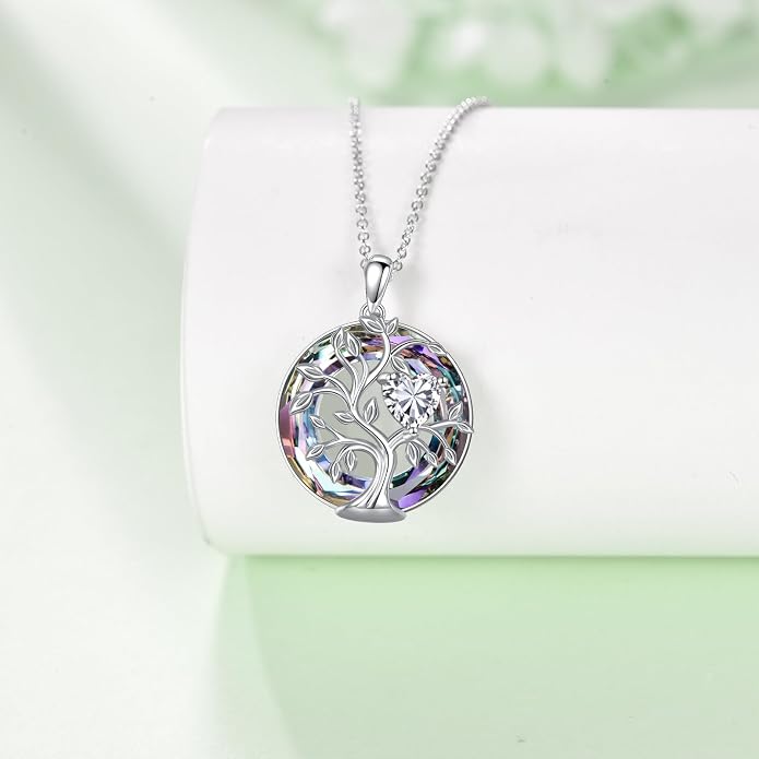 Tree Of Life Birthstone Necklace 925 Sterling Silver Crystal Family Tree Pendant Necklaces Heart Birthstone Jewelry For Women Female Anniversary Birthday Gifts