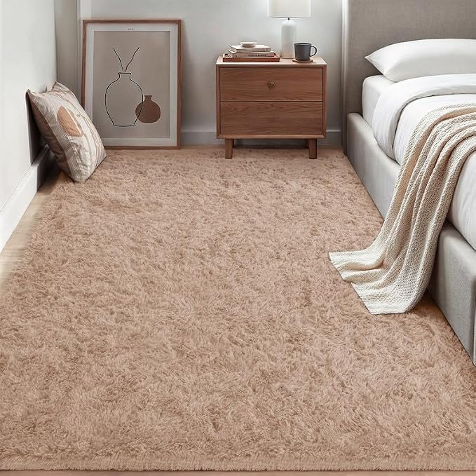Area Rug for Living Room Bedroom: 4x6 Soft Fluffy Shag Rugs Upgrade Non-Slip High Pile Carpet Large Fuzzy Plush Indoor Floor Shaggy Carpets for Nursery Kid Playroom Office Dorms Home Decor Beige