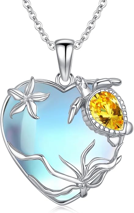 Sea Turtle/Seaweed Necklace for Women 925 Sterling Silver Heart of the Ocean Moonstone Pendant Necklace Turtle Moonstone Jewelry Gift for Wife Mom
