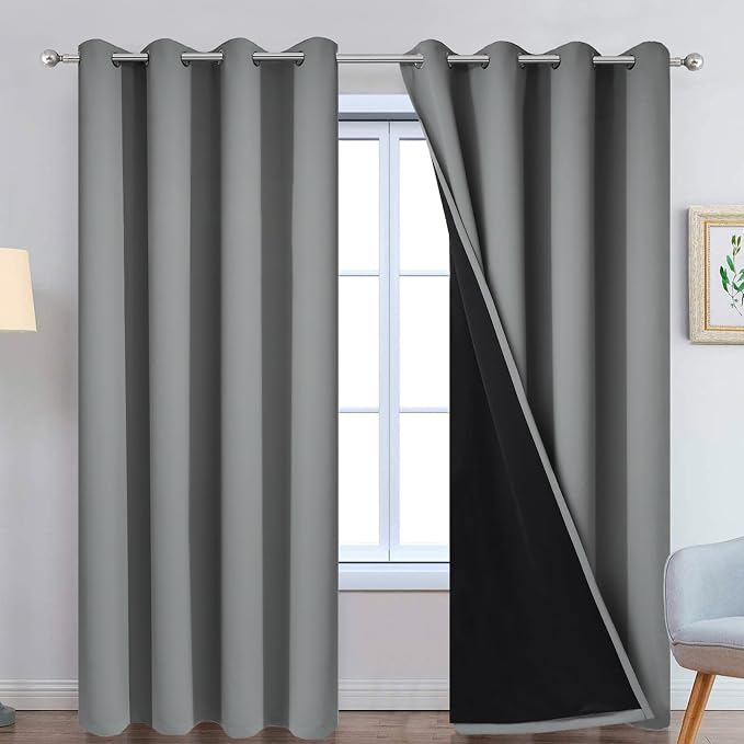 Yakamok Grey Blackout Curtains 90 Inches Long for Bedroom 52" Wide 2 Pcs | Blackout Curtain Panels for Bedroom, 2 Thick Layers Grommet Top Thermal Insulated Drapes with Black Liner for Living Room