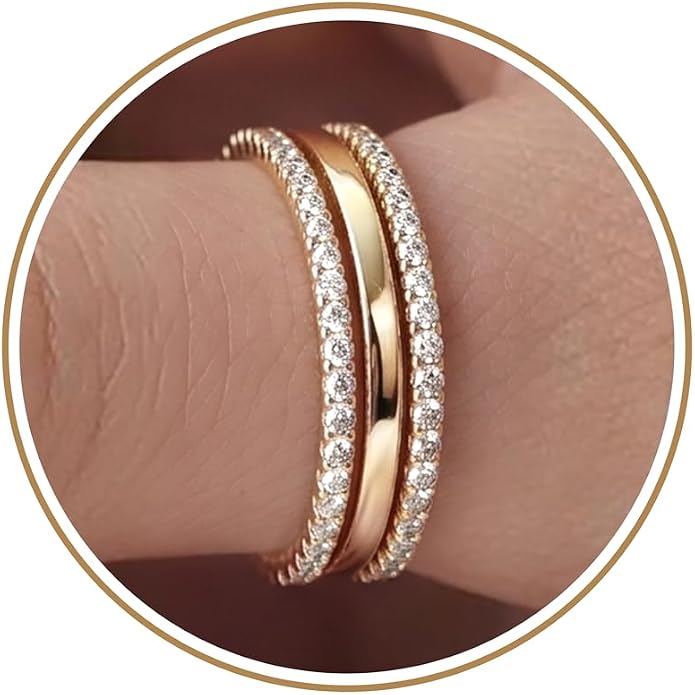 Purplepig Stackable Rings for Women Non Tarnish, Two Tone Mixed Metal Dainty Eternity Band Set, 14K Gold & Sterling Silver Plated Cubic Zirconia Hypoallergenic Wedding Thumb Pinky Rings Size 4-11