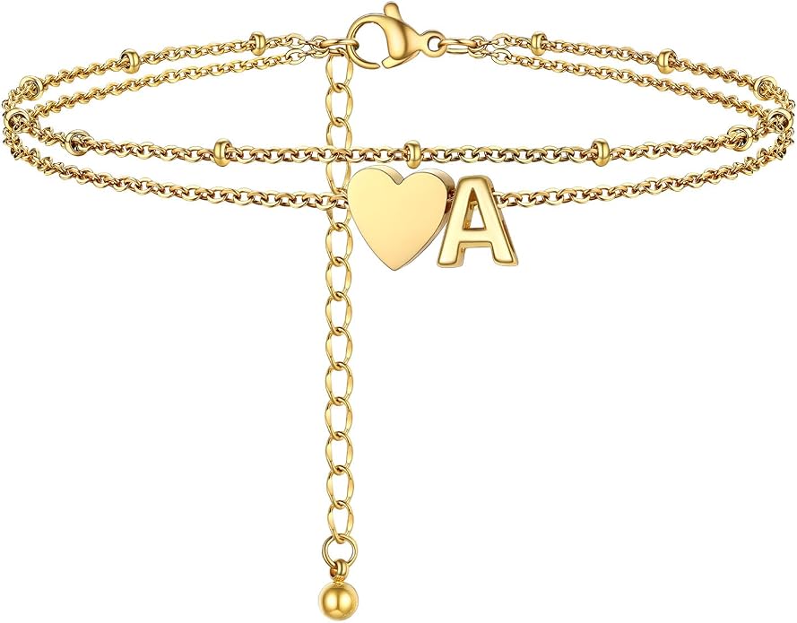 Initial Ankle Bracelets for Women, Dainty Stainless Steel Letter A-Z Layered Anklets, Heart Ankle Bracelet 8.5"-10.5" Adjustable, Summer Beach Jewelry, Come with Box