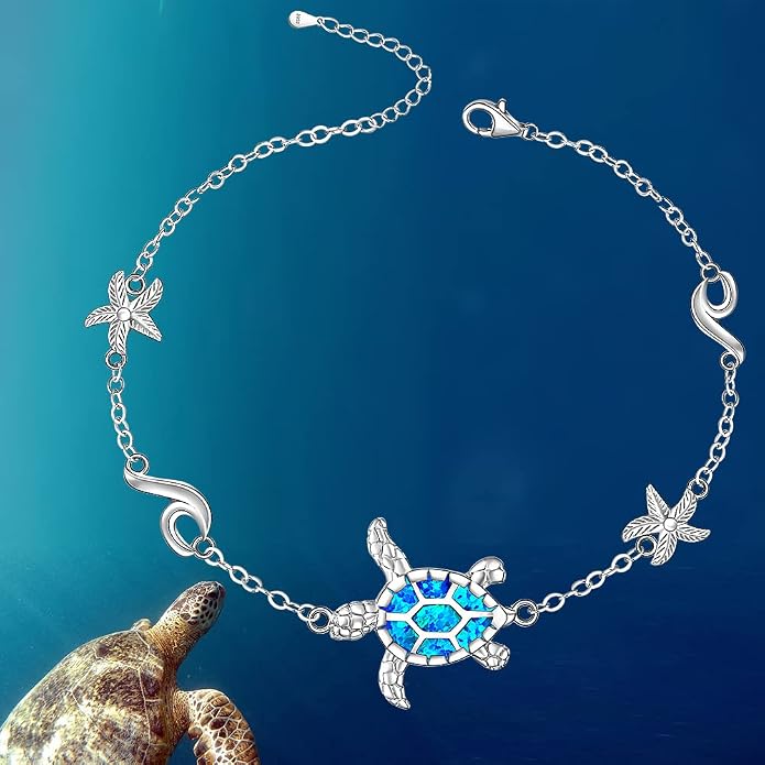 Sea Turtle Ankle Bracelets for Women Blue Opal Sterling Silver Beach Starfish Octopus Conch Ocean Anklets Jewelry Gifts