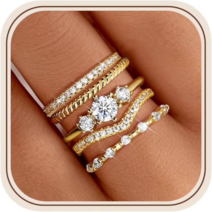 Florideco Stackable Rings for Women 14K Gold Plated Minimalist Non Tarnish Cubic Zirconia Thumb Ring Set Dainty Knuckle Ring Trendy Statement Stacking Rings Set Size 5-10