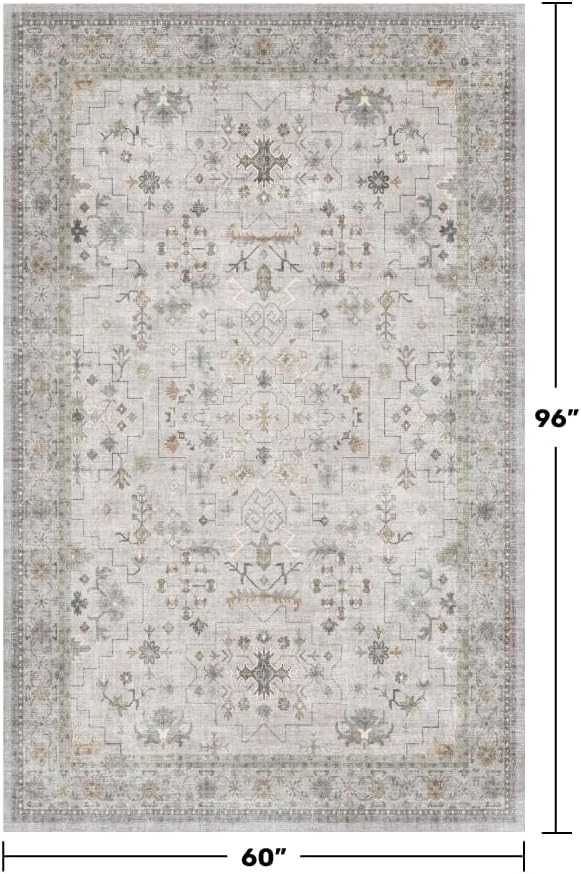 Hazo Haus Washable 5x8 Living Room Rug - Light Gray & Sage Area Rug for Nursery, Dining Under Table, Bedroom, Modern Vintage Eclectic Geometric Floral Neutral, Low Pile Stain Resistant