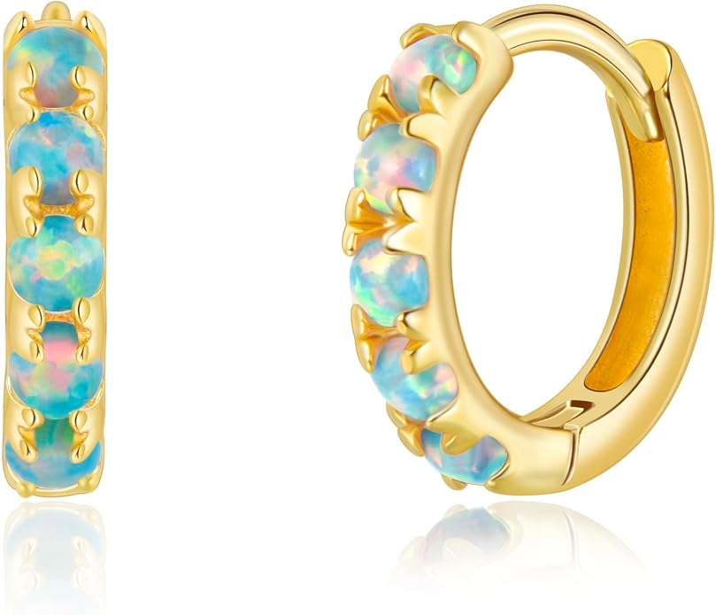 Tiny Mini Opal Huggie Hoop Earrings Upper Ear Cartilage Helix 18k Gold Plated Silver Minimalist Simple Small 10mm 8mm 6mm Hoop Earrings