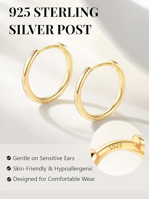 Silvora 14K Gold Plated Huggie Hoop Earrings for Women, Small Sterling Silver Hoops, Hypoallergenic Cartilage Earrings for Sensitive Ears 8/10/12/14/16/18/20MM