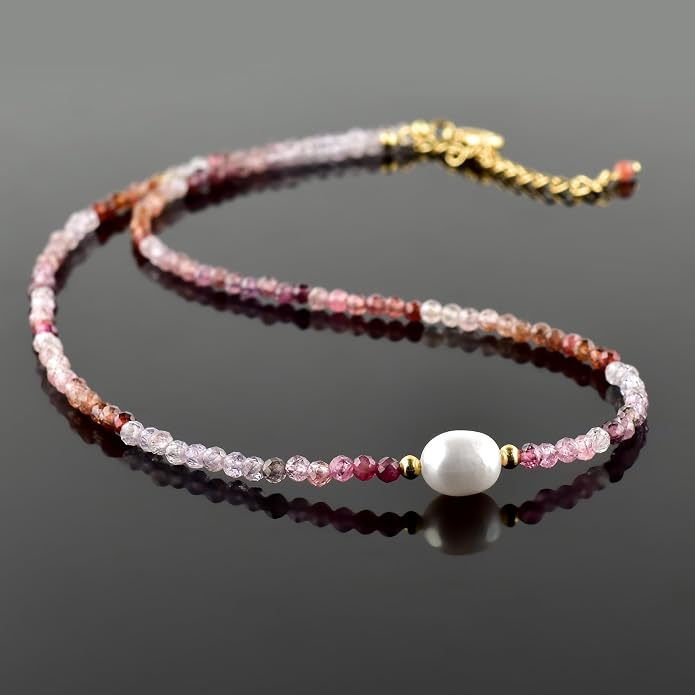 InfinityGemsArt Gemstone Gold Necklace For Women, Birthstone Natural Crystal Stone With Freshwater Pearl Beaded Jewelry, Gold Plated 18 Inch Chain