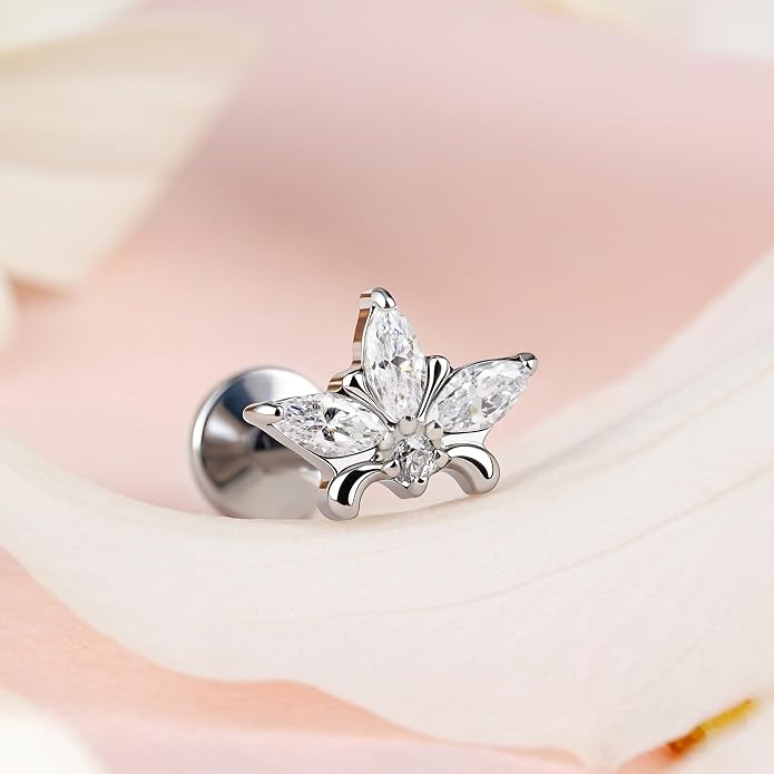 FINE4U ASTM F136 Titanium Piercing Jewelry Stud - 16G 6mm 8mm Triple Marquise Lotus Flower Cartilage Earring, Hypoallergenic Flatback Bridal Jewelry