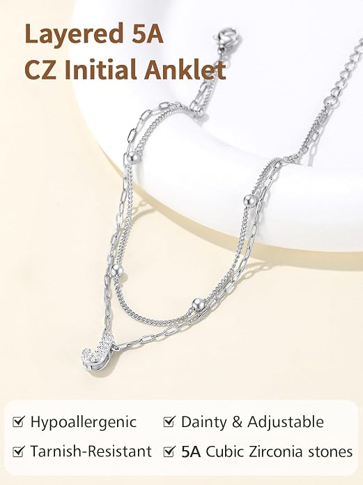 FindChic Silver/14K Gold Plated Layered CZ Initial Ankle Bracelet for Women | Waterproof Stainless Steel, Cubic Zirconia Letter Charm, Non-Tarnish, Hypoallergenic, Adjustable Extender, Summer Jewelry