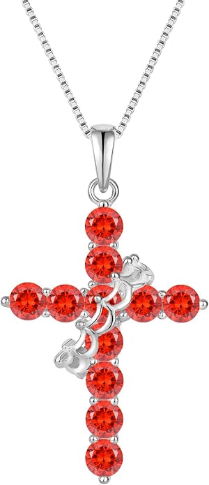 Rotated Crown Cross Necklaces for Women, 925 Sterling Silver Round Cut Zircon Neckalce Pendant With Ring Birthstones Jewelry for Her