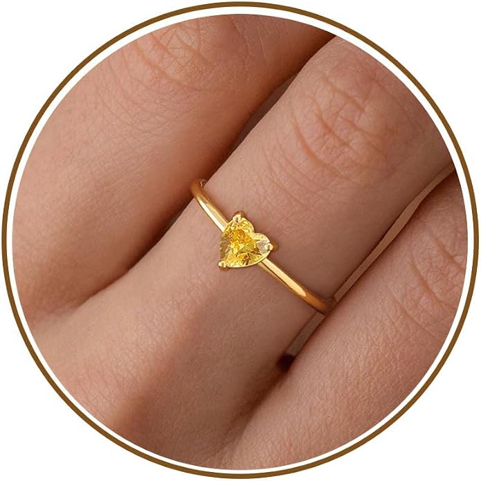 WFYOU Gold Heart Birthstone Rings for Women 14K Gold Plated Non Tarnish Stackable Pinky Cubic Zirconia Rings Emerald Dainty Gemstone Thumb Ring Band Cute Jewelry Birthday Gift Size 5-10