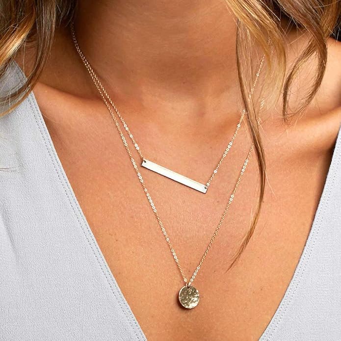 Turandoss Gold Layered Necklaces for Women - 14K Gold Plated Handmade Multilayer Bar Pearls Coin Disc Moon Butterfly Medallion Adjustable Dainty Layered Choker Necklaces for Women Jewelry