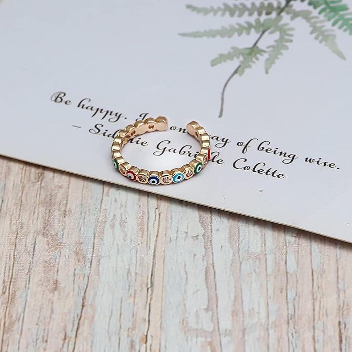 OIDIMS Dainty Cubic Zirconia Colorful Turkish Evil Eye Band Rings for Women Girls Minimalist Stacking Finger Open Fashion Protection Jewelry Wedding Promise Girlfriend Friendship Birthday Gifts