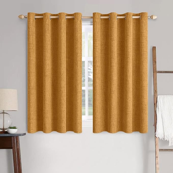 MIULEE 100% Blackout Linen Textured Curtains for Bedroom Solid Thermal Insulated Mustard Yellow Grommet Room Darkening Curtains & Drapes Luxury Decor for Living Room 52 x 63 Inch (2 Panels)