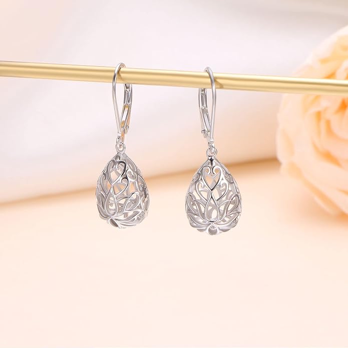 925 Sterling Silver Filigree Dangle Drop Earrings Daisy/Lotus/Rose Flower/Moonstone Leverback Teardrop Earrings for Women Infinity Celtic Knot Daisy Lotus Jewelry for Mothers Day