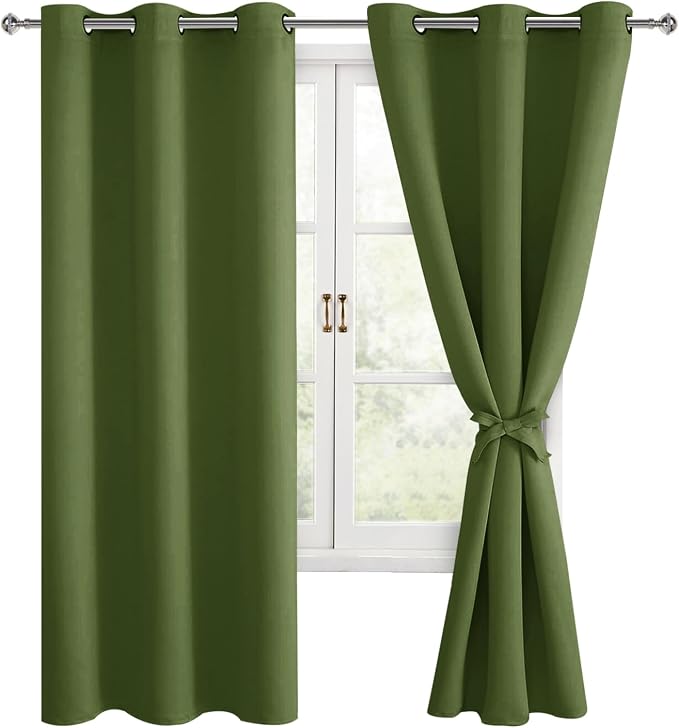Hiasan Room Darkening Curtains for Bedroom, Noise Reducing Blackout Window Curtain Panels, Sewn with Tiebacks, Set of 2, Grommet Top(Olive Green, Width 38 Inch x Length 72 Inch)