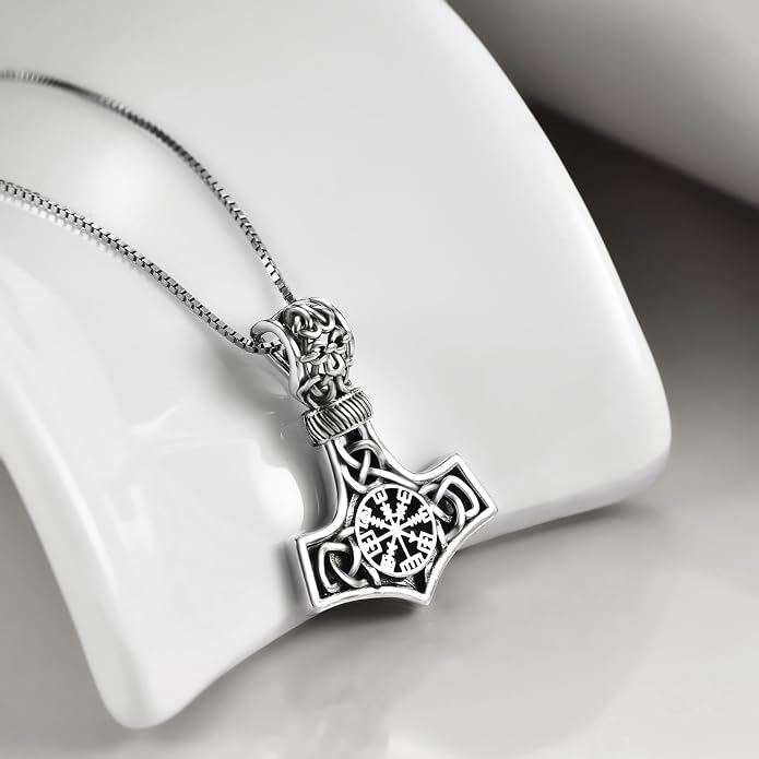 Compass Thor Hammer Necklace Sterling Silver Viking Compass Mjolnir Jewelry Gift for Men