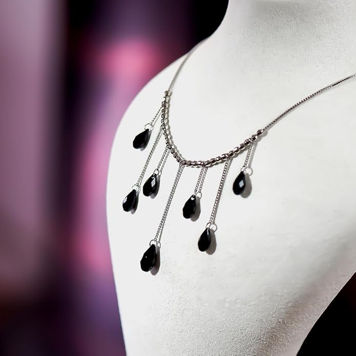 925 Sterling Silver Handmade Crystals Rain Drop Tassel layered Pendant Boho necklace statement Chandelier shape Lobster Clasp Length Choker 18"+2" Ideal Gift for Women Ladies Dress accessories.