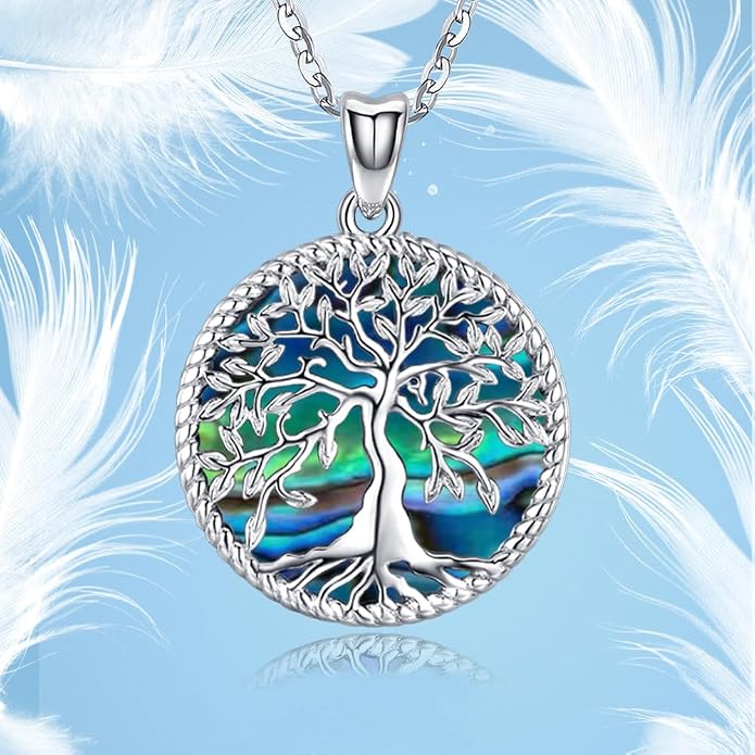 Aniu Tree of Life Necklace for Women, 925 Sterling Silver Mother of Pearl Family Palm Tree Charm Pendant Jewelry for Birthday Christmas Gift
