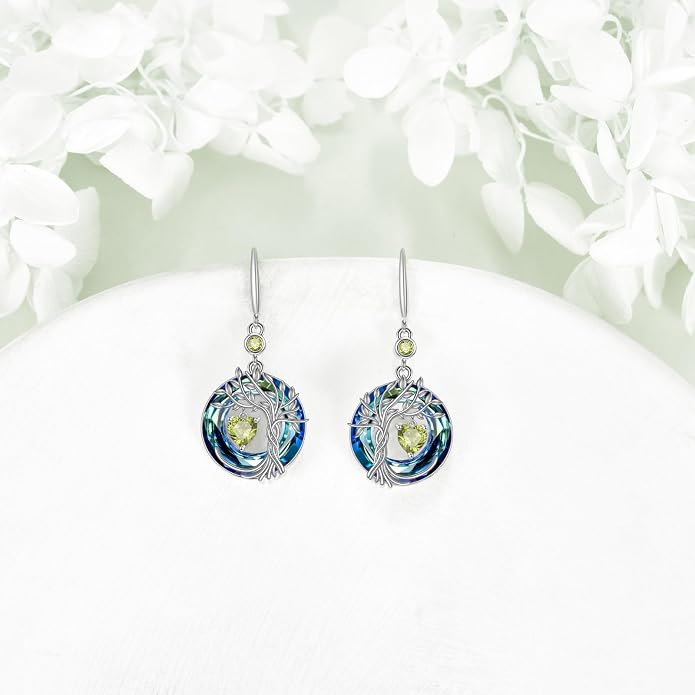POPLYKE Tree of Life Birthstone Earrings 925 Sterling Silver Dainty Gemstone Birthstone Dangle Drop Earring with Crystal Fine Jewelry Birthday Gifts for Women Her