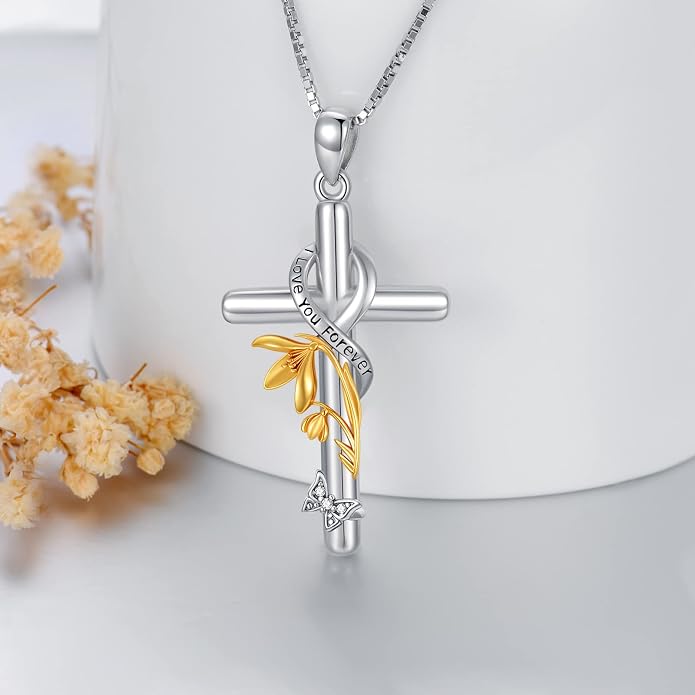 Cross Necklace for Women 925 Sterling Silver I Love You Necklace Religious Jewelry with Gift Box for Mother Daughter