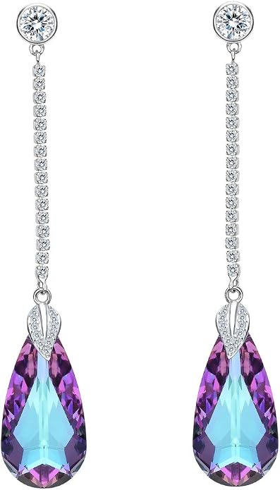 EleQueen 925 Sterling Silver CZ Teardrop Leaf Long Dangle Earrings Made with Austrian Crystal for Women, Valentine's Day/Mother's Day/Christmas Jewelry Gift