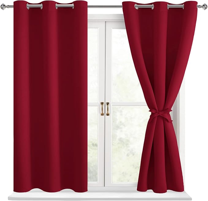 Hiasan Short Blackout Curtains for Bedroom - Thermal Insulated & Light Blocking Window Curtains for Living Room, 2 Drape Panels Sewn with Tiebacks, Christmas Red, 38 x 45 Inch