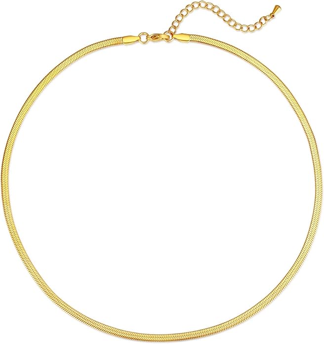 FOSIR Herringbone Necklace for Women, 14K Gold Plated/Silver/Black Choker Necklace, Dainty Surgical Stainless Steel Snake Chain for Women, 2.3mm/3mm/4mm/5mm Width