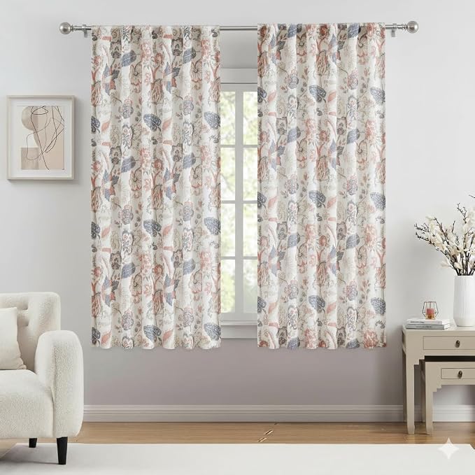 Kayne Studio Botanical Print Semi Sheer Curtains Navy Red Floral Leaf Farmhouse Linen Curtain Drapes Light Filtering Window Treatments for Living Room Bedroom Rod Pocket Back Tab,52"x63",2 Panels
