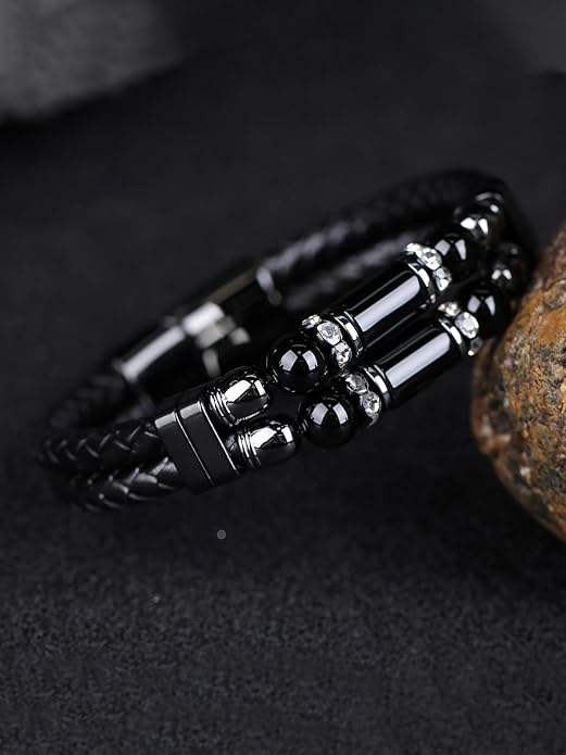 Mens Leather Turquoise/Tiger Eye/Obsidian/Lava Stone Bracelet–Braided Multi‑Layer Wristband Cuff Bangle Barcelet–Jewelry Box and Pouch Packing