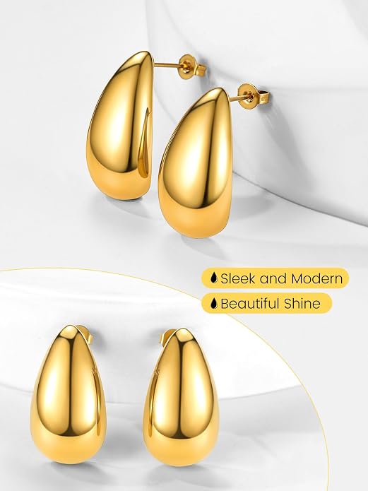 KeyStyle Chunky Gold Hoop Earrings for Women Trendy, Stainless Steel TearDrop Hoops Earring, Lightweight Water Drop Ear Jewerly