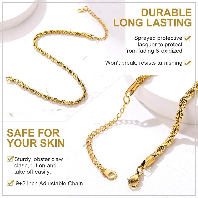 GoldChic Adjustbale Link Chain Anklet for Women Summer Jewelry, 316L Stainless Steel Figaro/Wheat/Twist Rope/Cuban Foot Bracelet-Waterproof, Resizable 9"-12" (Gift Box Included)
