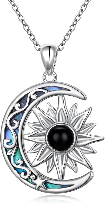 925 Sterling Silver Sun and Moon Necklace Abalone Shell Crescent Moon Sun Pendant Necklace Gemstone Jewelry Birthday Gifts for Women