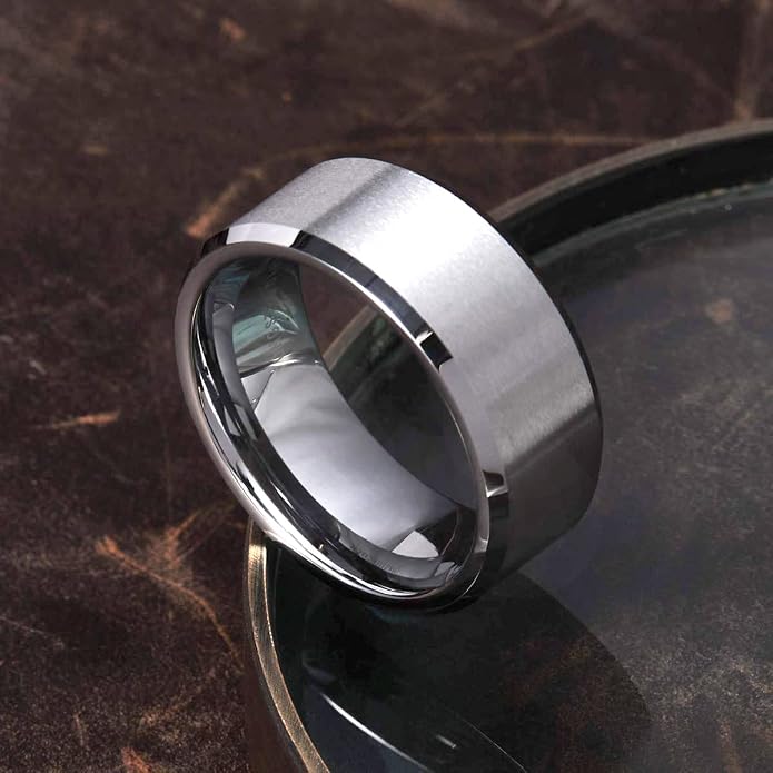 King Will Tungsten Men's Wedding Ring - Available in 6mm to 10mm, Black/Silver, Matte Finish, Beveled Polished Edge, Comfort Fit
