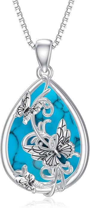 ROMANTICWORK Clover/AA/Ankh/Sun/Compass Necklace Sterling Silver Moss Agate Turquoise Butterfly/Dragonfly/Bee Pendant Jewellery Christmas Birthday Gifts for Women
