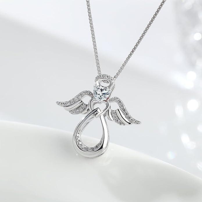 925 Sterling Silver Guardian Angel Pendant Necklace for Women with Birthstone Cubic Zirconia Little Angel Pendant Necklace Jewelry 18 inch Chain