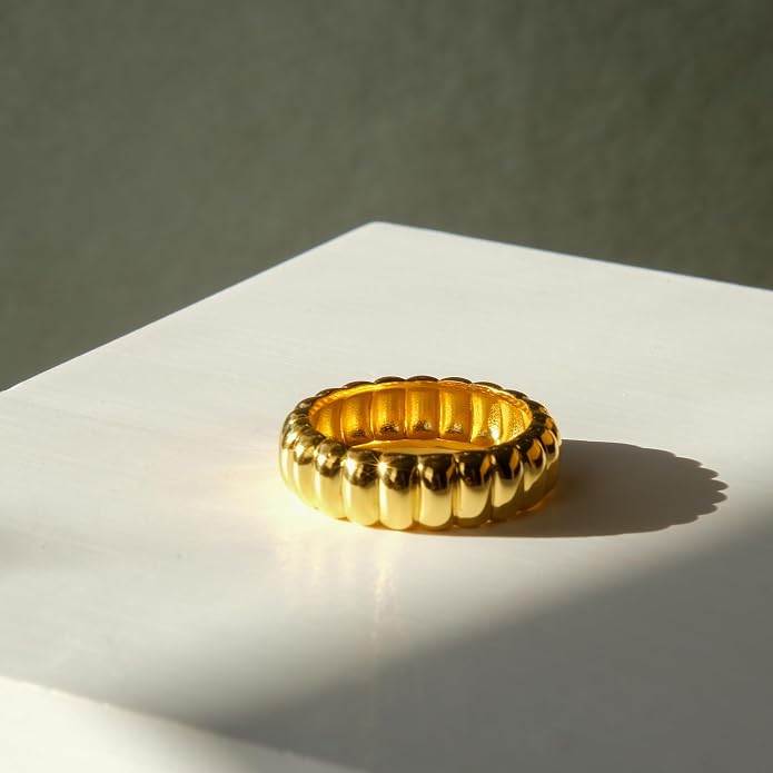 espere Iconic Dome Ring in Gold | 14K Gold Sterling Silver Ribbed Band | Gold Bold Band Ring