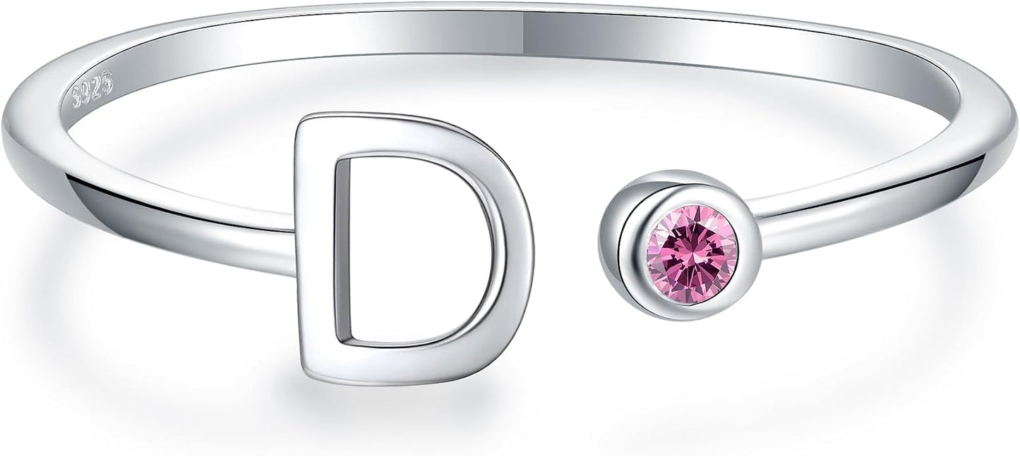 925 Sterling Silver Initial Letter Birthstone Rings for Women Adjustable 1-12 Month Birthstone Alphabet Stacking Ring for Teens Girls Stackable Birthstone Rings Birthday Jewelry Gift for Daughter Mom