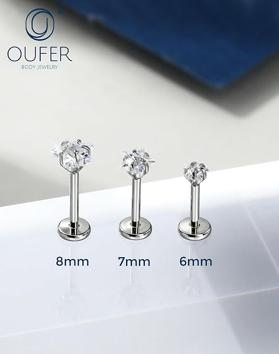 OUFER 18G 6/7/8MM Flat Back Cartilage EarRings-3PCS Gold Titanium Extended Internally Threaded Lip Piercing 2/3/4MM Round Clear CZ Helix Piercing Jewelry