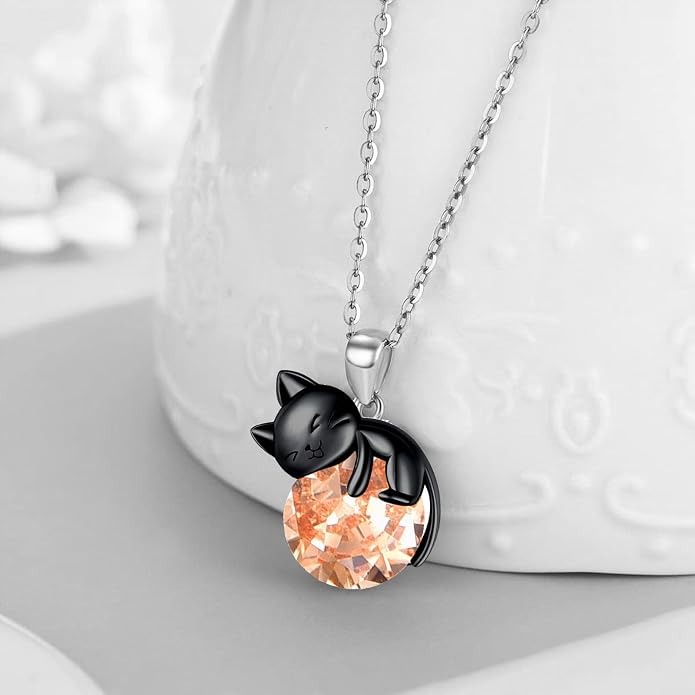 Cat Necklace Sterling Silver Cat Zircon Pendant Gothic Jewelry for Women Animal Lovers Gifts