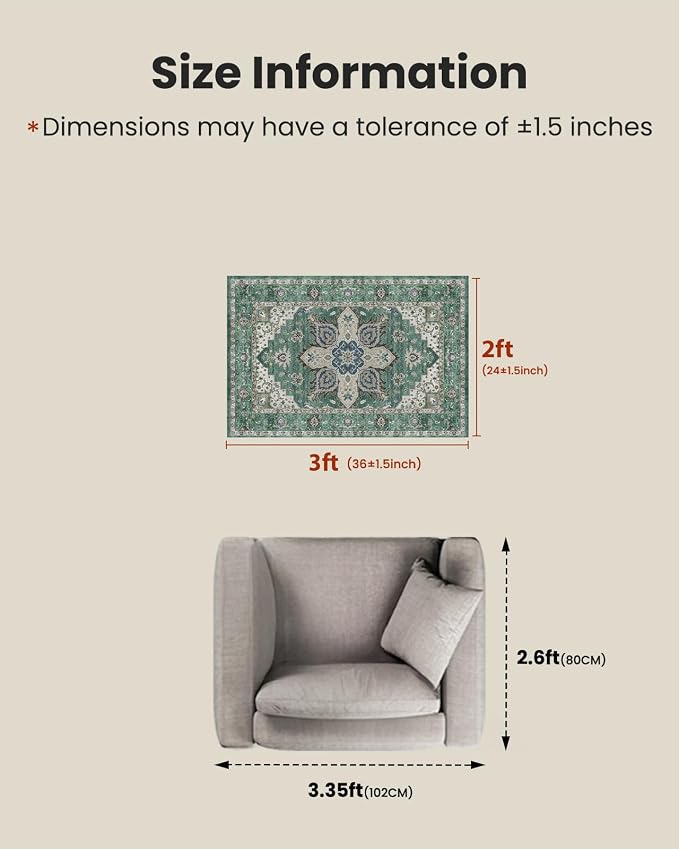 AMADA HOMEFURNISHING 2x3 Washable Area Rug, Low-Profile Entryway Rug with Non-Slip Backing & Durable Edge Binding, Vintage Rug Pattern, Small Rugs for Entryway, Kitchen & Living Room