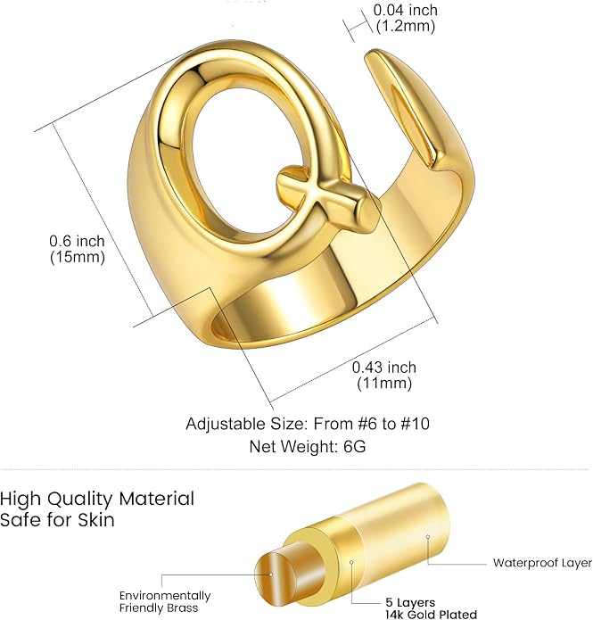 KeyStyle Bold Initial Letter Rings Adjustable, GoldChic Jewelry Women Gold Statement Ring Personalized Engraved Women’s Open Signet Ring for Party (Gold, White Gold, Black)