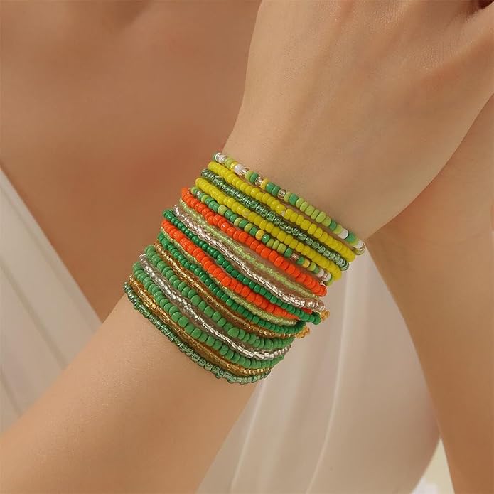 Boho Stackable Seed Beaded Bracelets for Women 18-20Pcs Colorful Handmade Multilayered Rice Bead Bracelet Set Summer Beach Bohemian Jewelry Gift