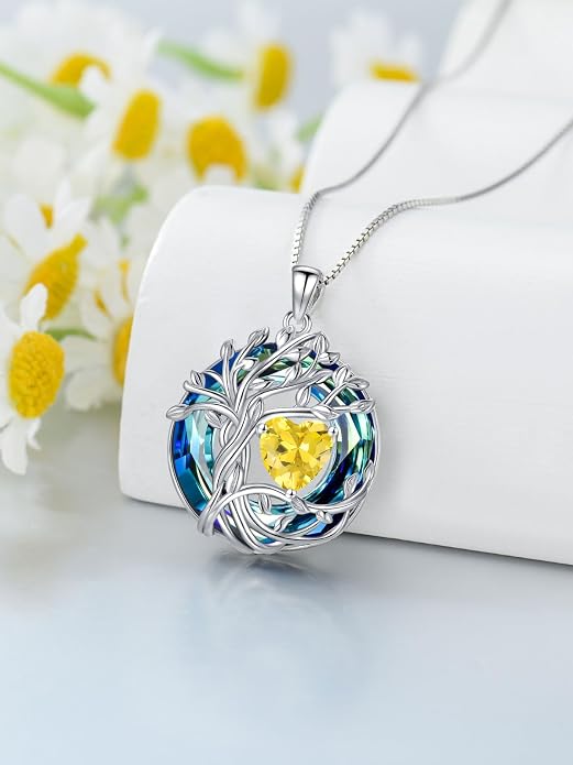 TOUPOP Tree of Life Birthstone Necklace Sterling Silver Pendant Birthstone Necklaces with Blue Crystal Anniversary Birthday Jewelry for Women Mom Wife Her