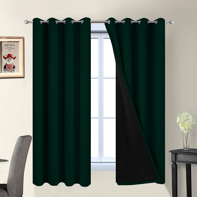 Yakamok Pine Tree Green 100% Blackout Curtains 63 Inches Long 52" Wide | Blackout Curtain Panels for Bedroom, 2 Thick Layers Grommet Top Thermal Insulated Drapes with Black Liner for Living Room