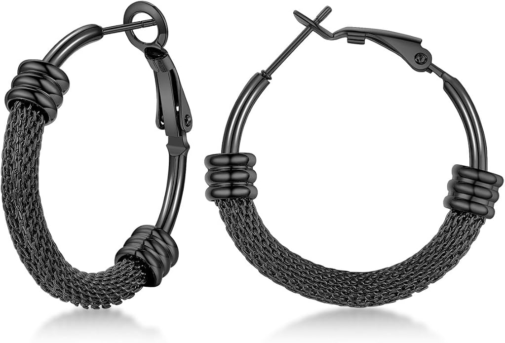 FOCALOOK 14K Gold Plated Hoop Earrings, Lightweight Hypoallergenic Large Stainless Steel Black Hoops Earrings for Women 20/30/40/50/60/70/80mm