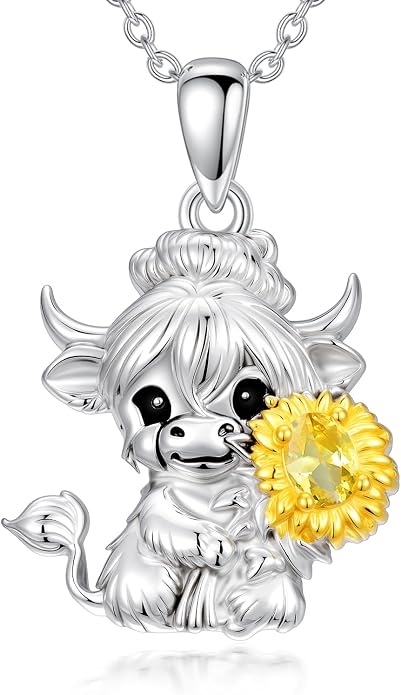 Highland Cow Gifts for Women 925 Sterling Silver Highland Cow Birthstone Necklace Fluffy Cow Jewelry Gifts Birthday Christmas