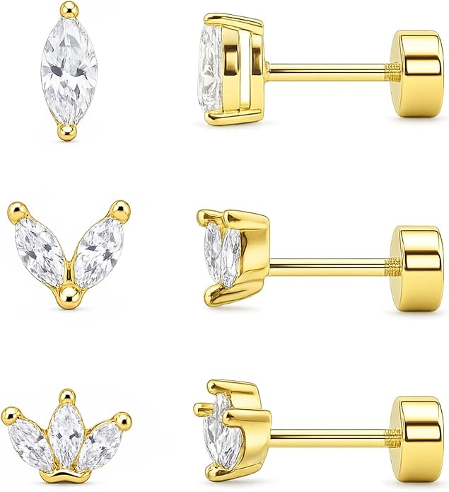 3 Pairs 20G Flat Back Earrings, G23 Titanium Hypoallergenic CZ Studs, 14K Gold Cartilage Helix Tragus Conch Piercing Jewelry for Women