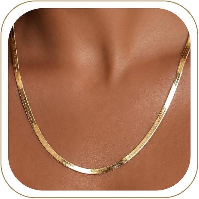 WomenGifts 14K Gold Silver Plated Herringbone Necklace for Women, Dainty Snake Chain Choker, Trendy Simple Long Layered Jewelry Non Tarnish, 3/4/5/8mm,14,16,18,20,22,24,26 Inch Thin & Chunky Options